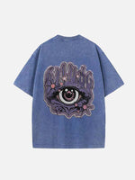 Distressed Washed Eyeball&Fire&Eye Faux Decal Print Round Neck T-shirt