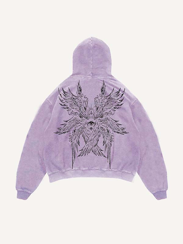 Distressed Washed Wing&Eye&Tears&Graphic Print Slant Pockets Hoodie