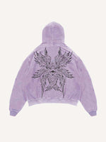 Distressed Washed Wing&Eye&Tears&Graphic Print Slant Pockets Hoodie