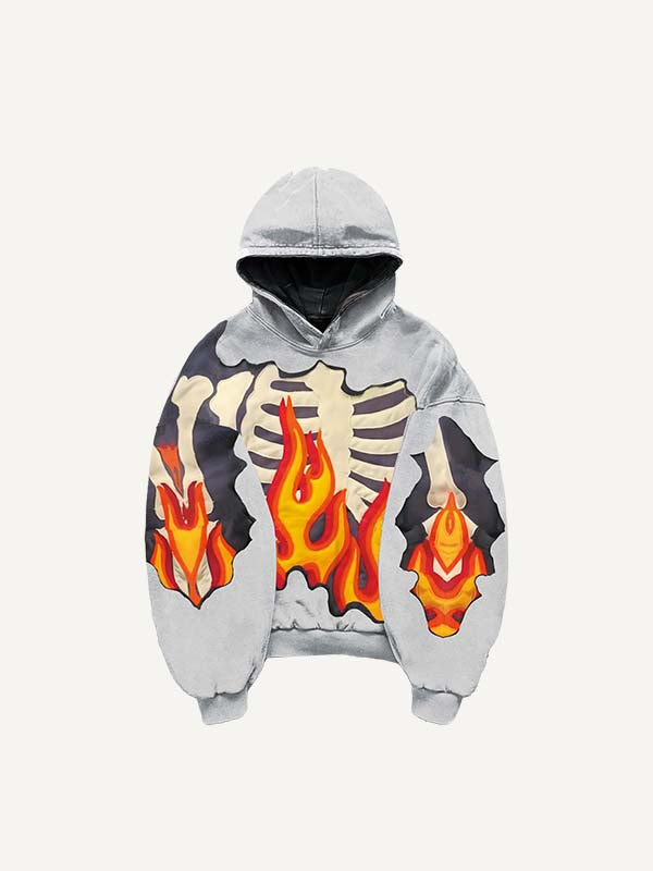 Fire&Skeleton Faux Decal Print Slant Pockets Hoodie