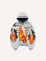 Fire&Skeleton Faux Decal Print Slant Pockets Hoodie
