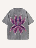 Distressed Washed Eye&Wing Print Round Neck T-shirt