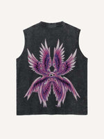 Distressed Washed Eye&Wing Print Round Neck Tank