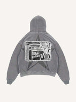 Distressed Washed Pistol&Letter Faux Decal Print Slant Pockets Hoodie