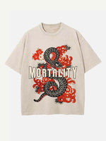 Distressed Washed Snake&Floral&Letter Print Round Neck T-shirt