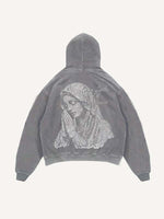 Distressed Washed Mary&Letter Pray Faux Rhinestones Print Slant Pockets Hoodie