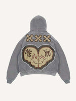 Distressed Washed Die For You Skull Faux Decal Print Slant Pockets Hoodie