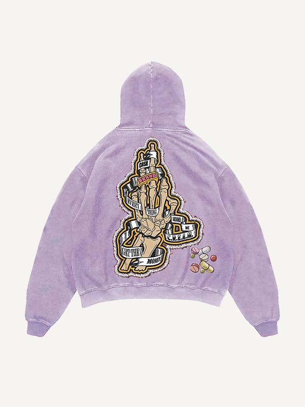 Distressed Washed Skeleton Injection Medicine&Letter Faux Decal Print Slant Pockets Hoodie