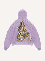 Distressed Washed Skeleton Injection Medicine&Letter Faux Decal Print Slant Pockets Hoodie