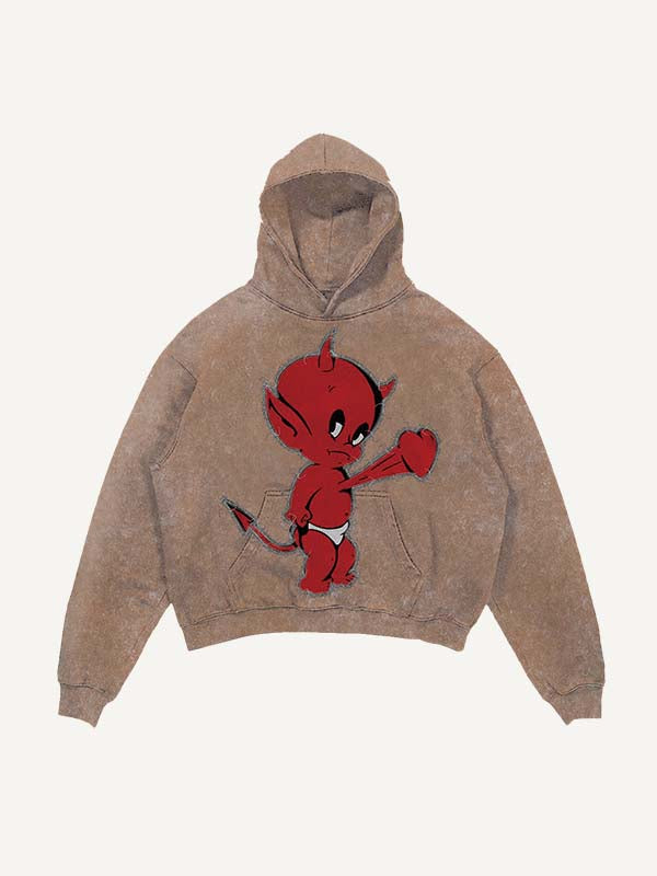 Distressed Washed Little Devil Heartbeat Faux Decal Print Slant Pockets Hoodie