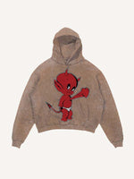 Distressed Washed Little Devil Heartbeat Faux Decal Print Slant Pockets Hoodie
