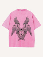 Distressed Washed Wing&Eye&Graphic Print Round Neck T-shirt