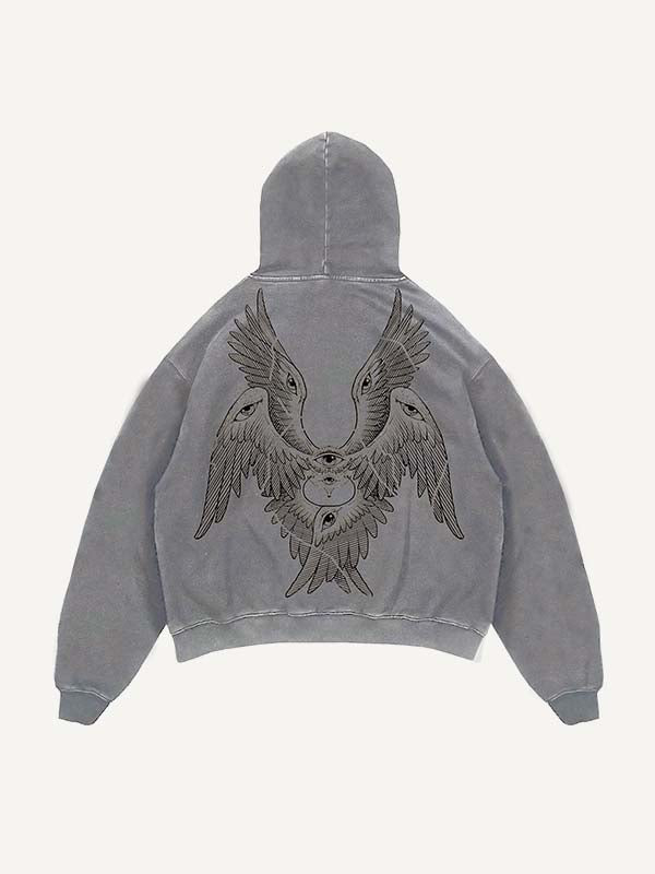 Distressed Washed Wing&Eye&Graphic Print Slant Pockets Hoodie