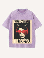 Distressed Washed Figure&Letter Print Round Neck T-shirt