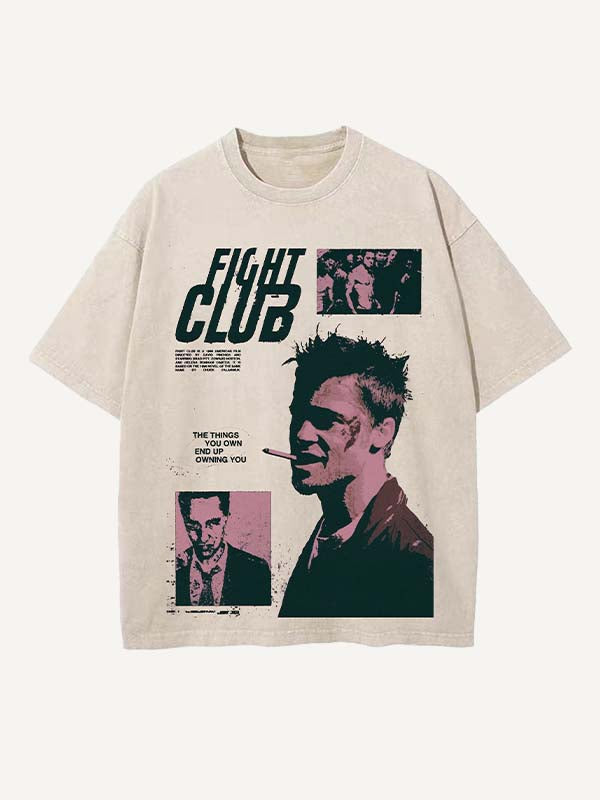 Distressed Washed Figure&Smoke&Letter Print Round Neck T-shirt