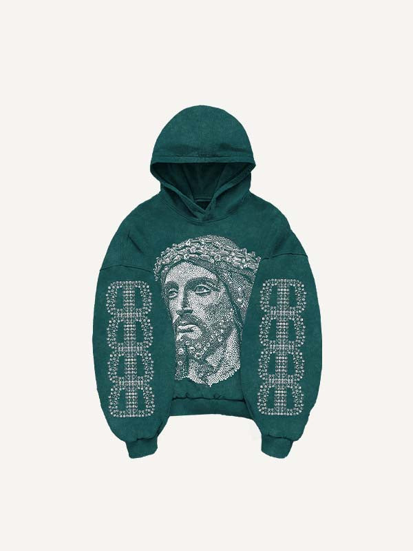 Jesus&Letter Faux Rhinestones Print Slant Pockets Hoodie