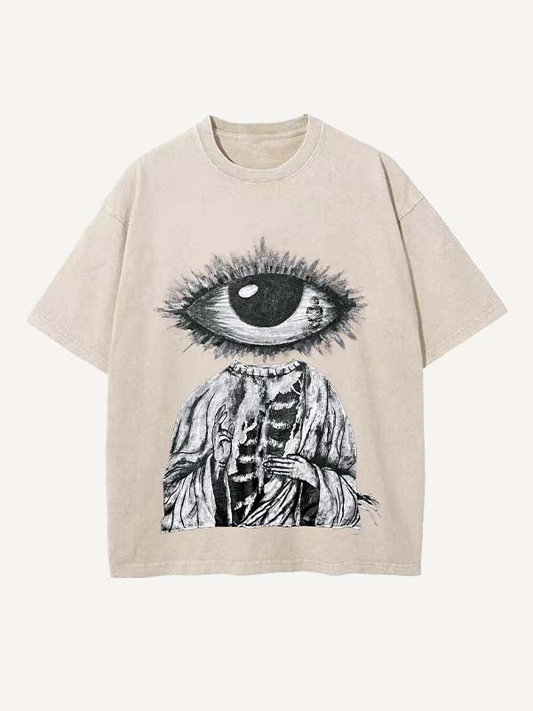 Distressed Washed Figure&Eye&Fire&Graphic Print Round Neck T-shirt