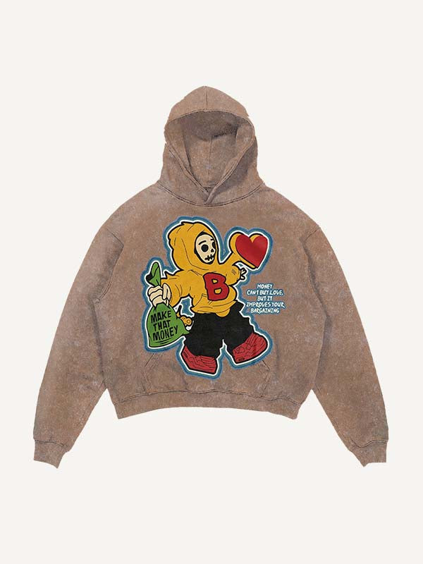 Distressed Washed Skull&Letter&Heart Graphic Print Slant Pockets Hoodie