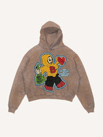 Distressed Washed Skull&Letter&Heart Graphic Print Slant Pockets Hoodie