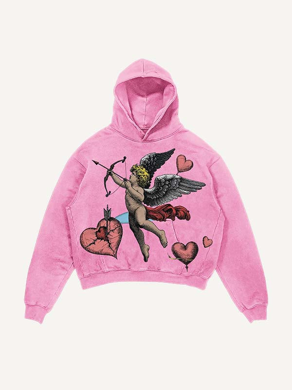 Distressed Washed Cupid&Heart Print Slant Pockets Hoodie