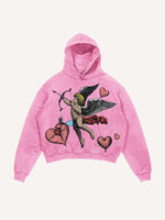 Distressed Washed Cupid&Heart Print Slant Pockets Hoodie