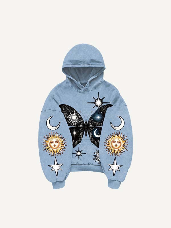 Butterfly&Sun&Moon&Graphic Print Slant Pockets Hoodie