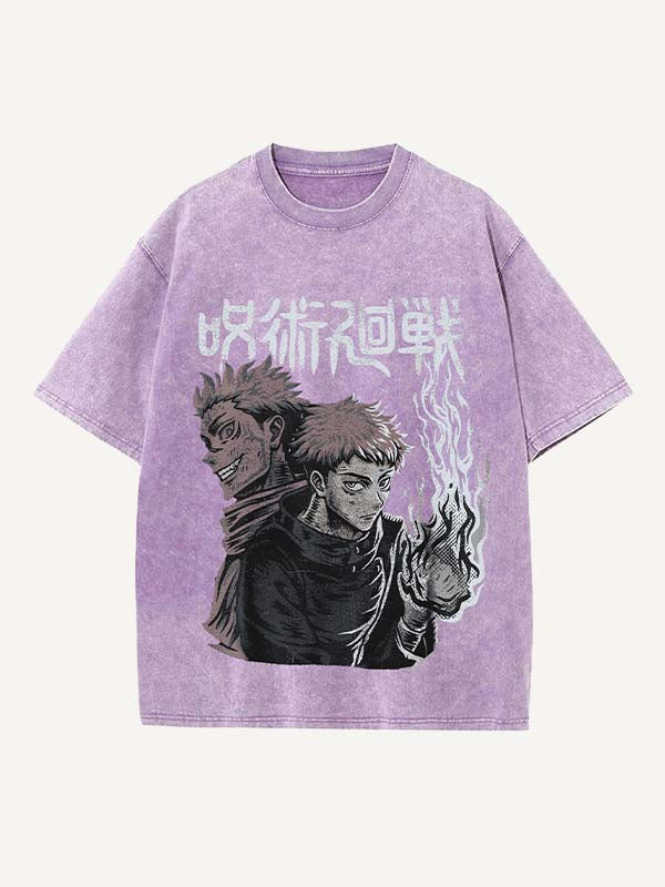 Distressed Washed Figure&Graphic&Fire Print Round Neck T-shirt