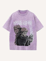 Distressed Washed Figure&Graphic&Fire Print Round Neck T-shirt