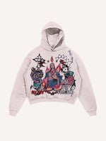 Distressed Washed Mary&Eye&Bomb&Cross&Graphic&Letter Print Slant Pockets Hoodie