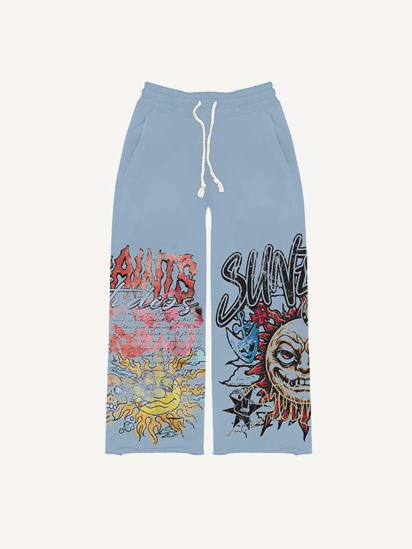 Evil Sun&Skull&Letter Print Elastic Waist Pants