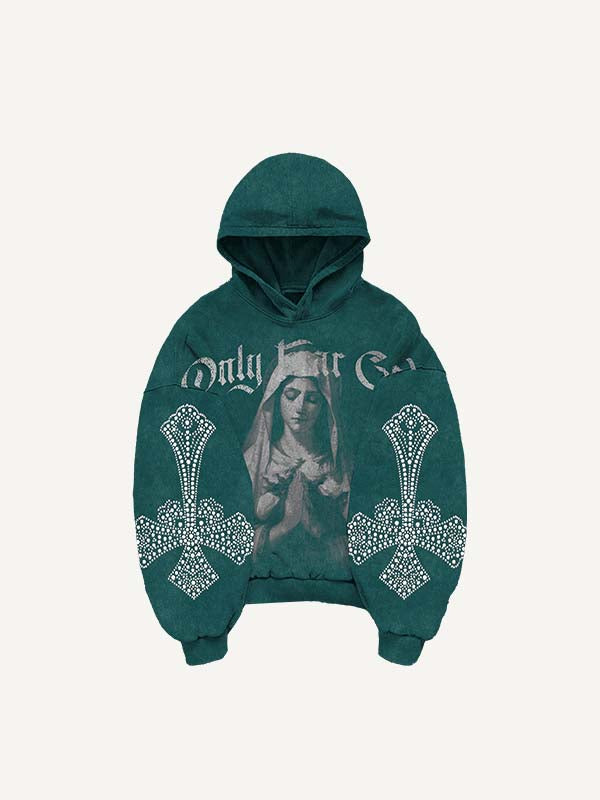 Mary&Pray&Cross&Letter Faux Rhinestones Print Slant Pockets Hoodie
