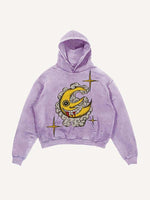 Distressed Washed Evil Moon&Sun&Star&Cloud Print Slant Pockets Hoodie
