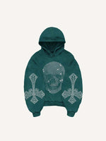 Skull&Wing&Cross Faux Rhinestones Print Slant Pockets Hoodie