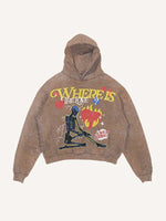 Distressed Washed Skeleton&Letter&Heart Print Slant Pockets Hoodie