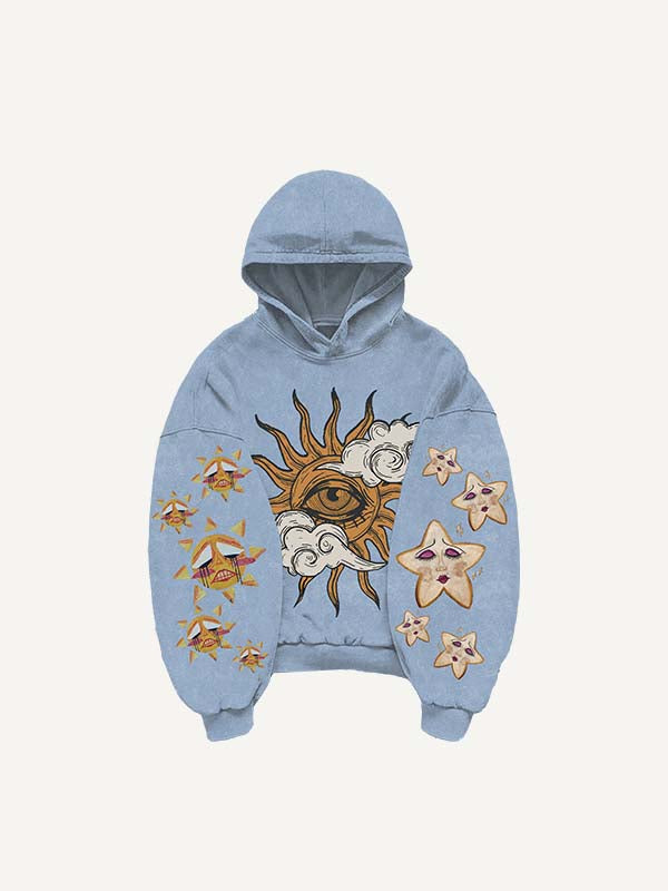 Sad Sun&Eye&Cloud&Graphic Print Slant Pockets Hoodie