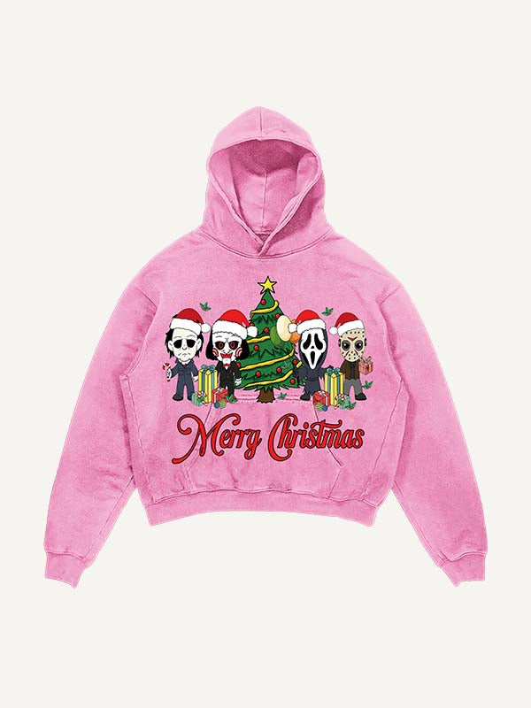 Distressed Washed Christmas Horror Print Slant Pockets Hoodie