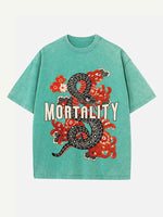 Distressed Washed Snake&Floral&Letter Print Round Neck T-shirt