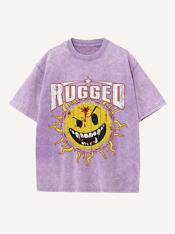 Distressed Washed Evil Sun&Letter Print Round Neck T-shirt