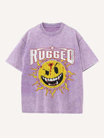 Distressed Washed Evil Sun&Letter Print Round Neck T-shirt