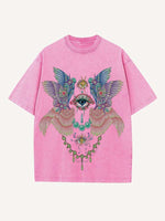 Distressed Washed Eye&Wing Print Round Neck T-shirt