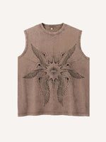Distressed Washed Wing&Eye&Graphic Print Round Neck Tank