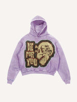 Distressed Washed Die For You Skull Faux Decal Print Slant Pockets Hoodie