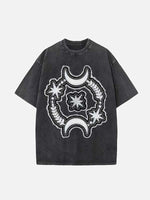 Distressed Washed Moon&Star&Eye Faux Decal Print Round Neck T-shirt