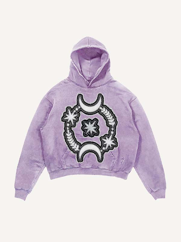 Distressed Washed Moon&Star&Eye Faux Decal Print Slant Pockets Hoodie