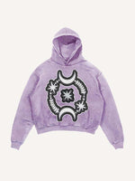 Distressed Washed Moon&Star&Eye Faux Decal Print Slant Pockets Hoodie