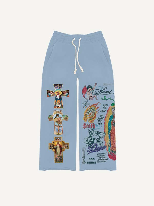 Cross&Figure&Pray&Graphic&Letter Print Elastic Waist Pants