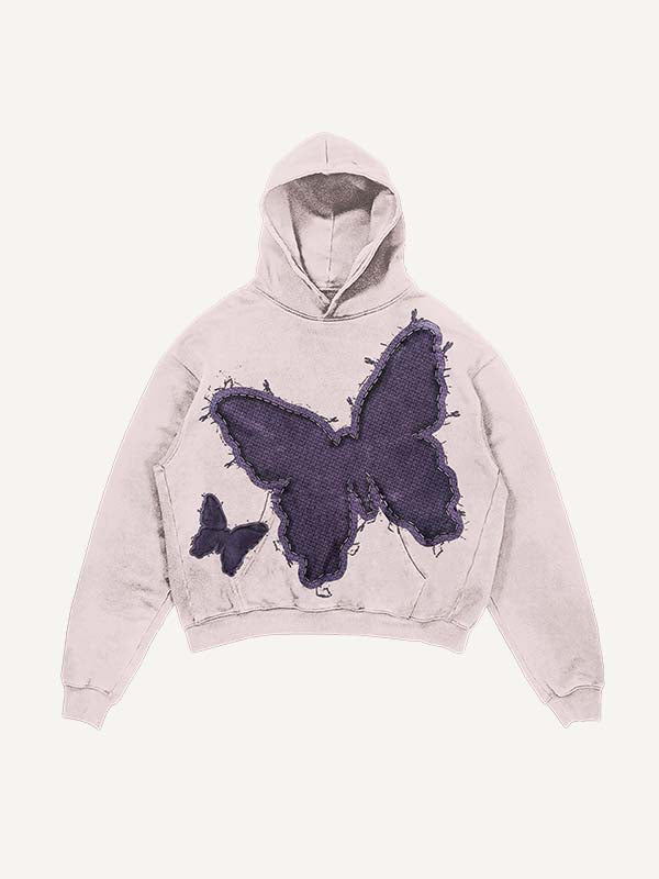 Distressed Washed Butterfly Faux Decal Print Slant Pockets Hoodie