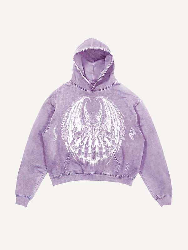 Distressed Washed Demon&Wing&Letter Faux Rhinestones Print Slant Pockets Hoodie