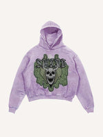 Distressed Washed Skull Faux Decal Print Slant Pockets Hoodie