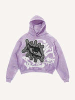 Distressed Washed Eye&Letter Faux Decal Print Slant Pockets Hoodie